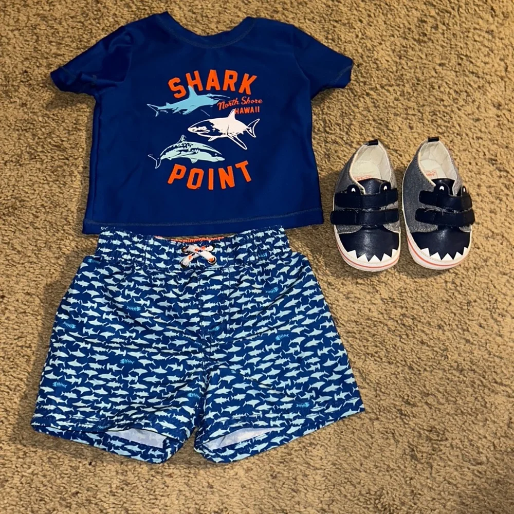 Oshkosh matching swim set and carters shark shoes. Size 6 months - Picture 1 of 4